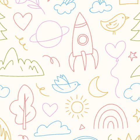 Illustration featuring colorful doodles, including a rocket, planets, stars, and other celestial objects.