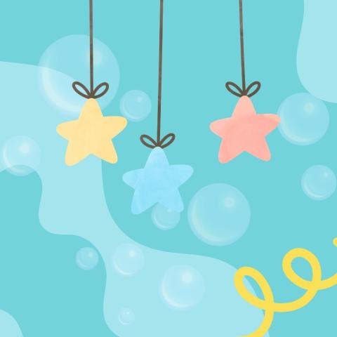 Illustration of three soft-colored hanging stars and floating bubbles against a blue watercolor background.