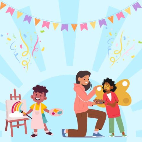 Illustration of a child painting on an easel and another child getting their face painted, with festive confetti.