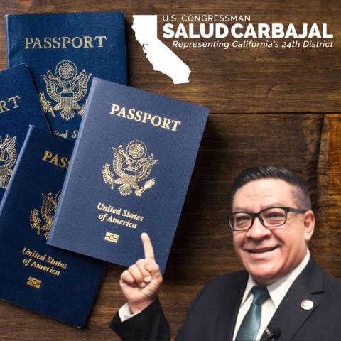 Representative Carbajal pointing at an United States of America passport