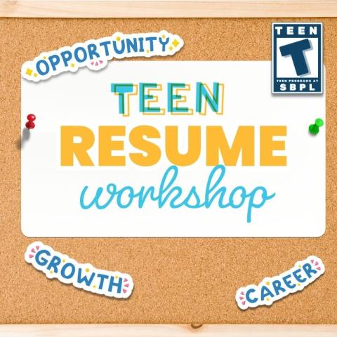 Illustrated cork bulletin board, featuring a white paper pinned in the center with the text "Teen Resume Workshop".