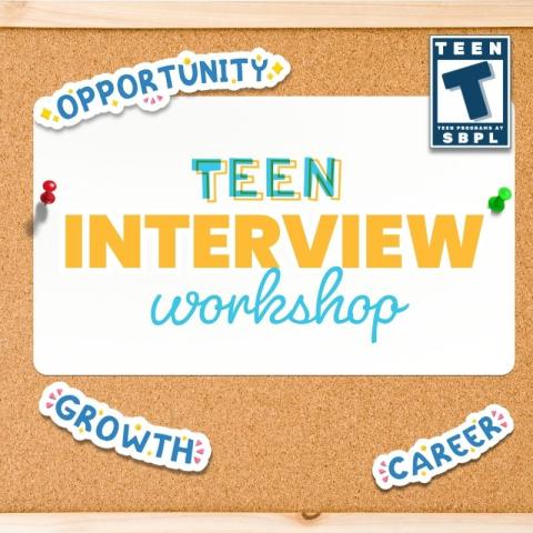 Illustrated cork bulletin board, featuring a white paper pinned in the center with the text "Teen Interview Workshop".
