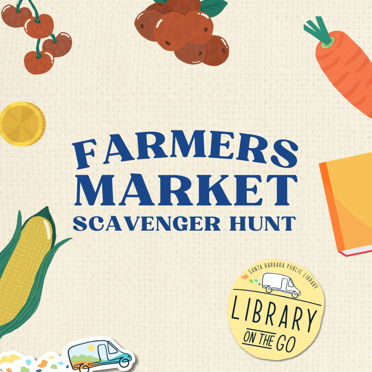 Farmers Market Scavenger Hunt text on Cream background surrounded by vegetables