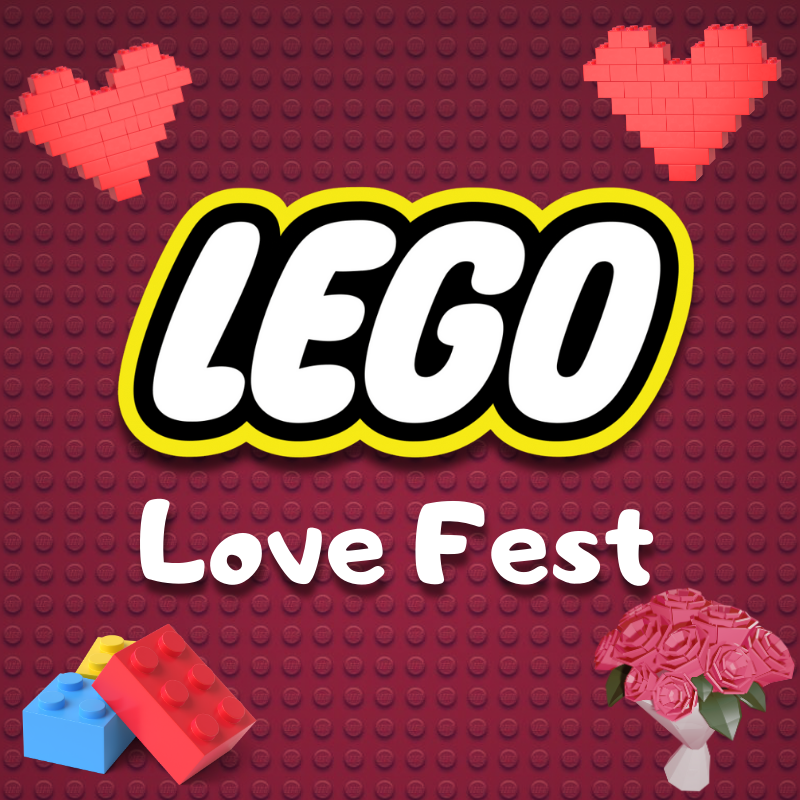 Promotional graphic for Lego Love Fest featuring dark red and pink Lego themed artifacts