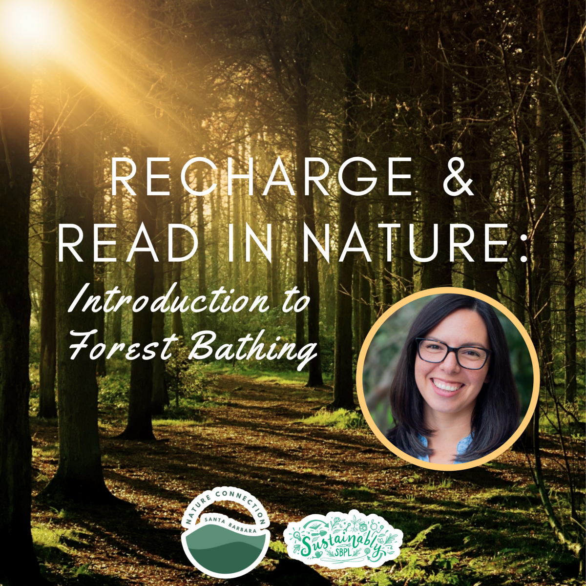 Promotional graphic for Recharge & Read in Nature with forest background