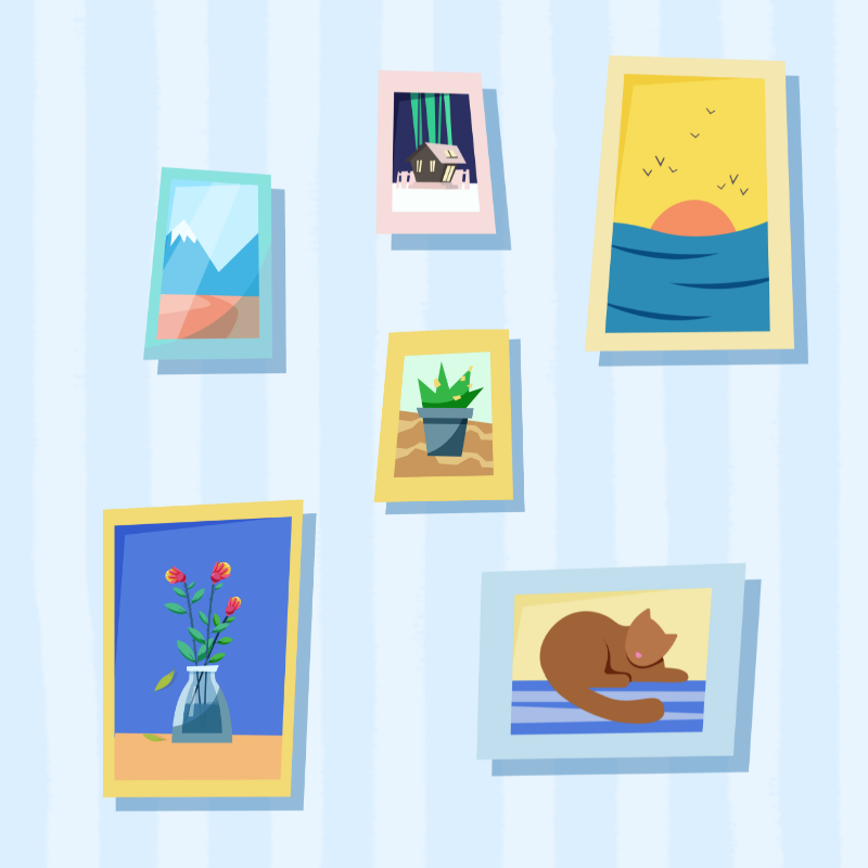 Illustrations of art frames on pastel blue and white background