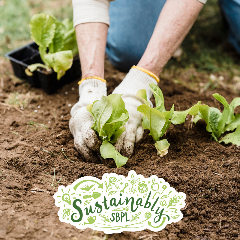 Person planting garden with Sustainably SBPL logo at bottom