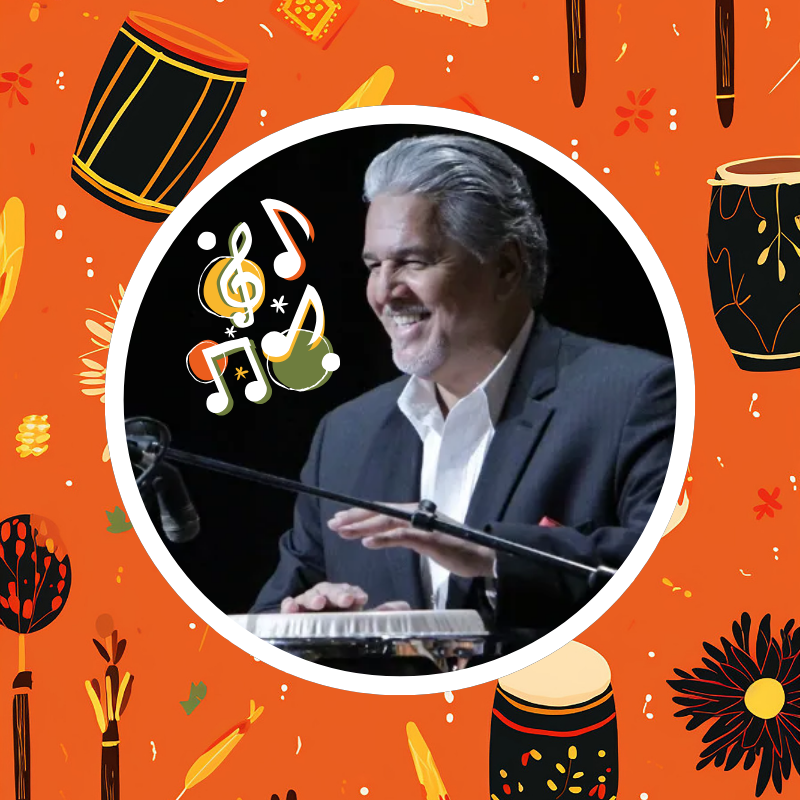 Portrait of Louie Cruz Beltran on orange background with instrument illustrations
