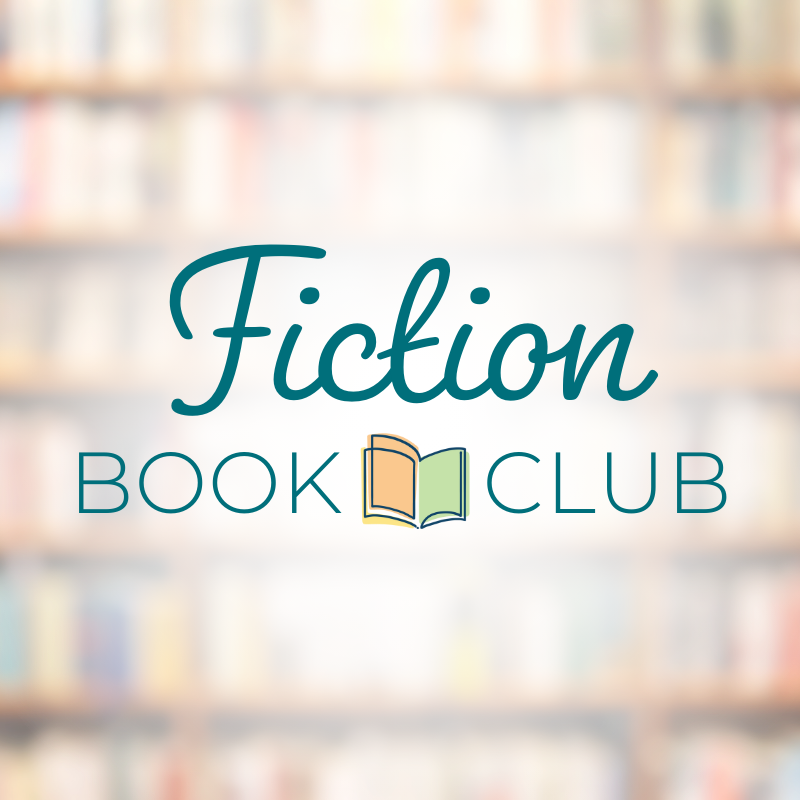 Fiction Book Club text on bookshelf background