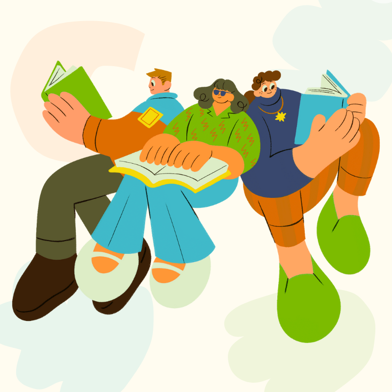 Cartoon illustration of people lounging reading books