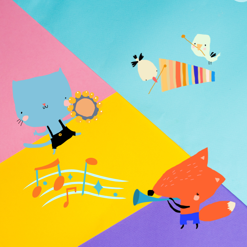 Cartoon cat, fox, and two birds play musical instruments against a bright geometric background.