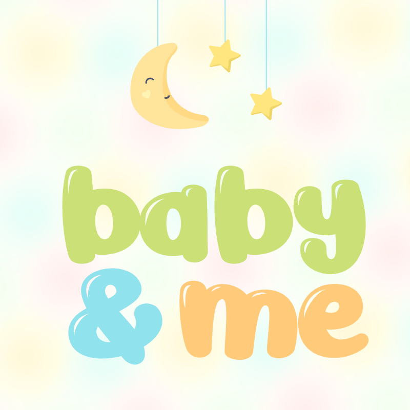 “Baby & Me” text in pastel colors below a crescent moon and two hanging stars on a soft background.