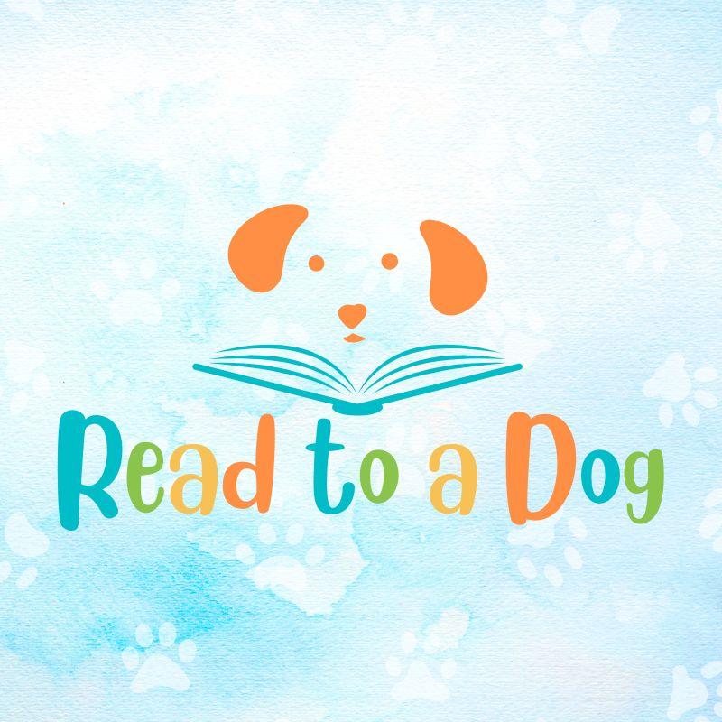 White and orange outline of a dog face with a blue book with a tie dye background