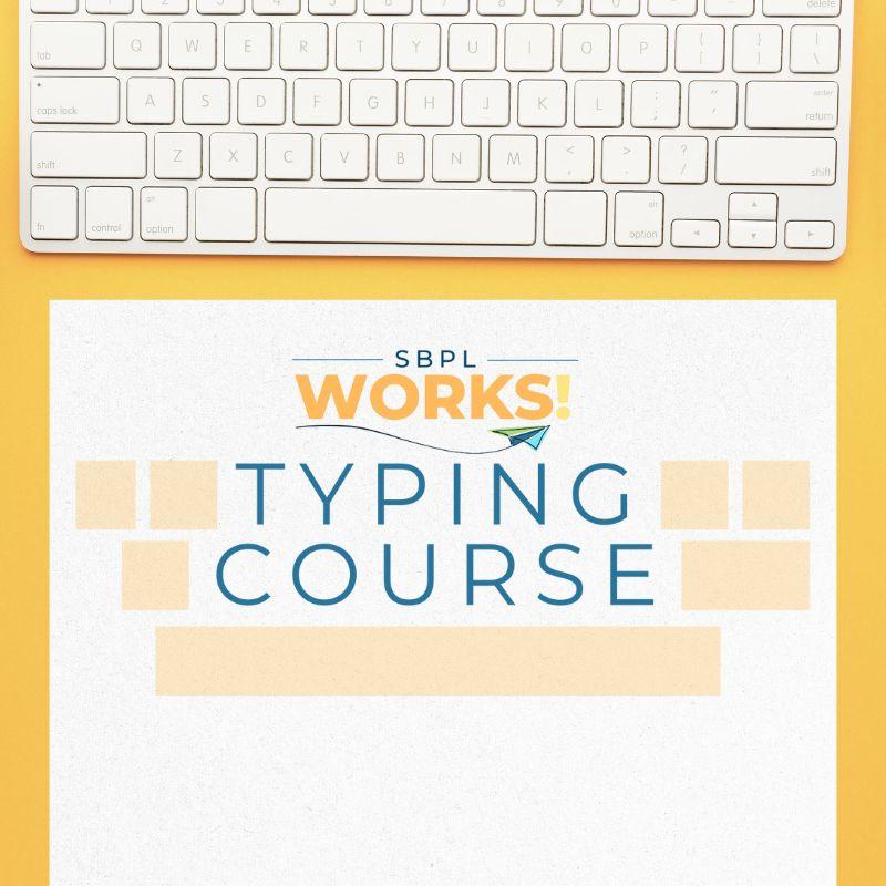 Stylized SBPL Works Typing Course text under keyboard on transparent keyboard background.