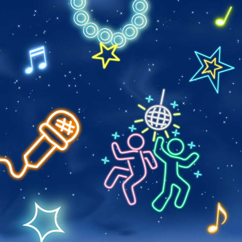 Neon illustration of icons of a microphone, music notes, and a person dancing.