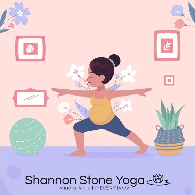 Illustration of a woman practicing yoga in a room with floral decor.