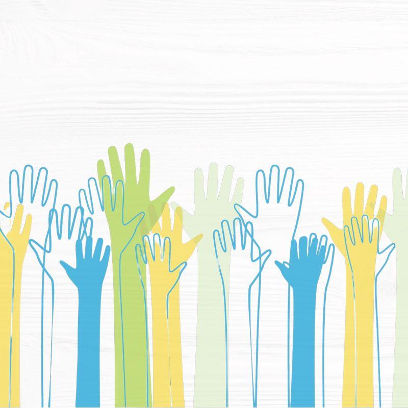 Illustration of multiple colorful hands raised upward against a white wooden background.