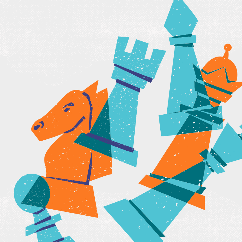 Illustration of overlapping teal and orange chess pieces.