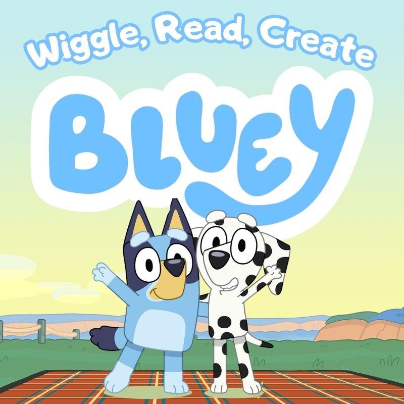 Illustration of Bluey and Chloe waving while standing on a picnic blanket in a grassy field.