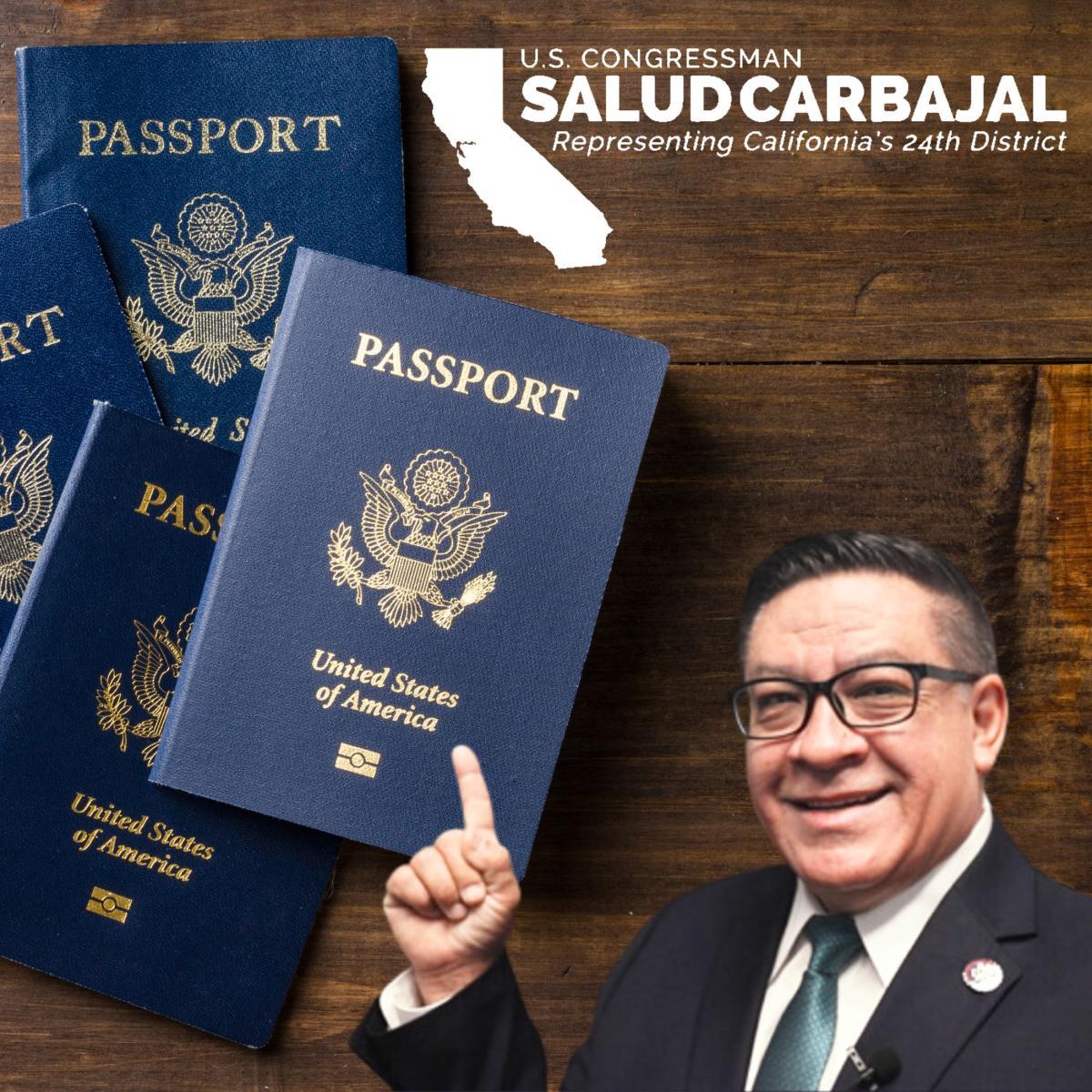 representative carbajal pointing at a united states of america passport