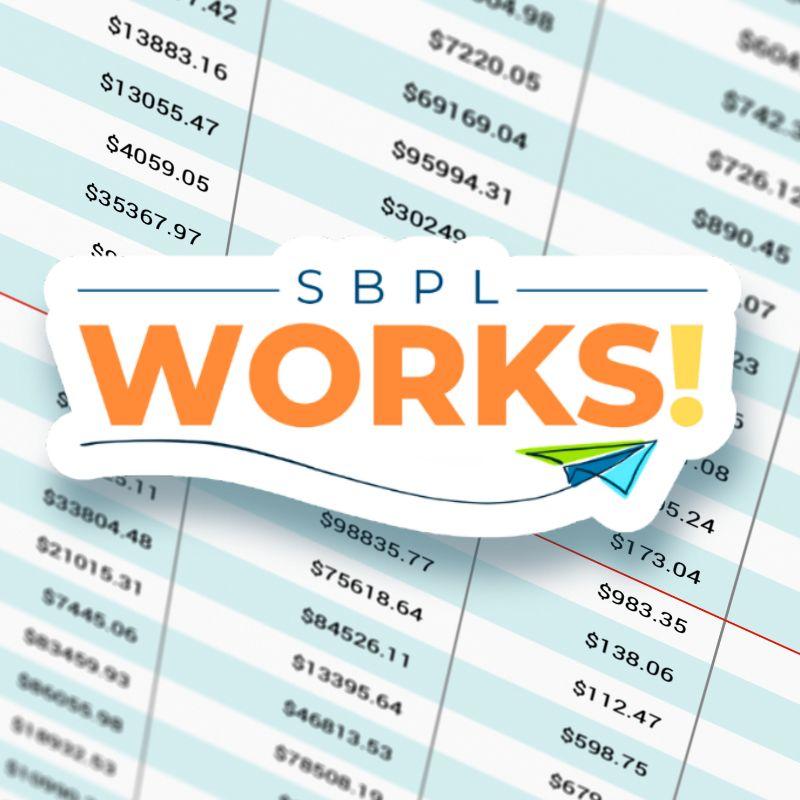  SBPL Works! logo against a background showing a spreadsheet.